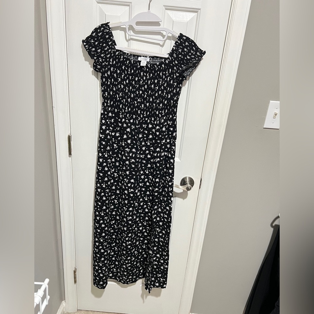 Black Floral Smocked Midi Dress